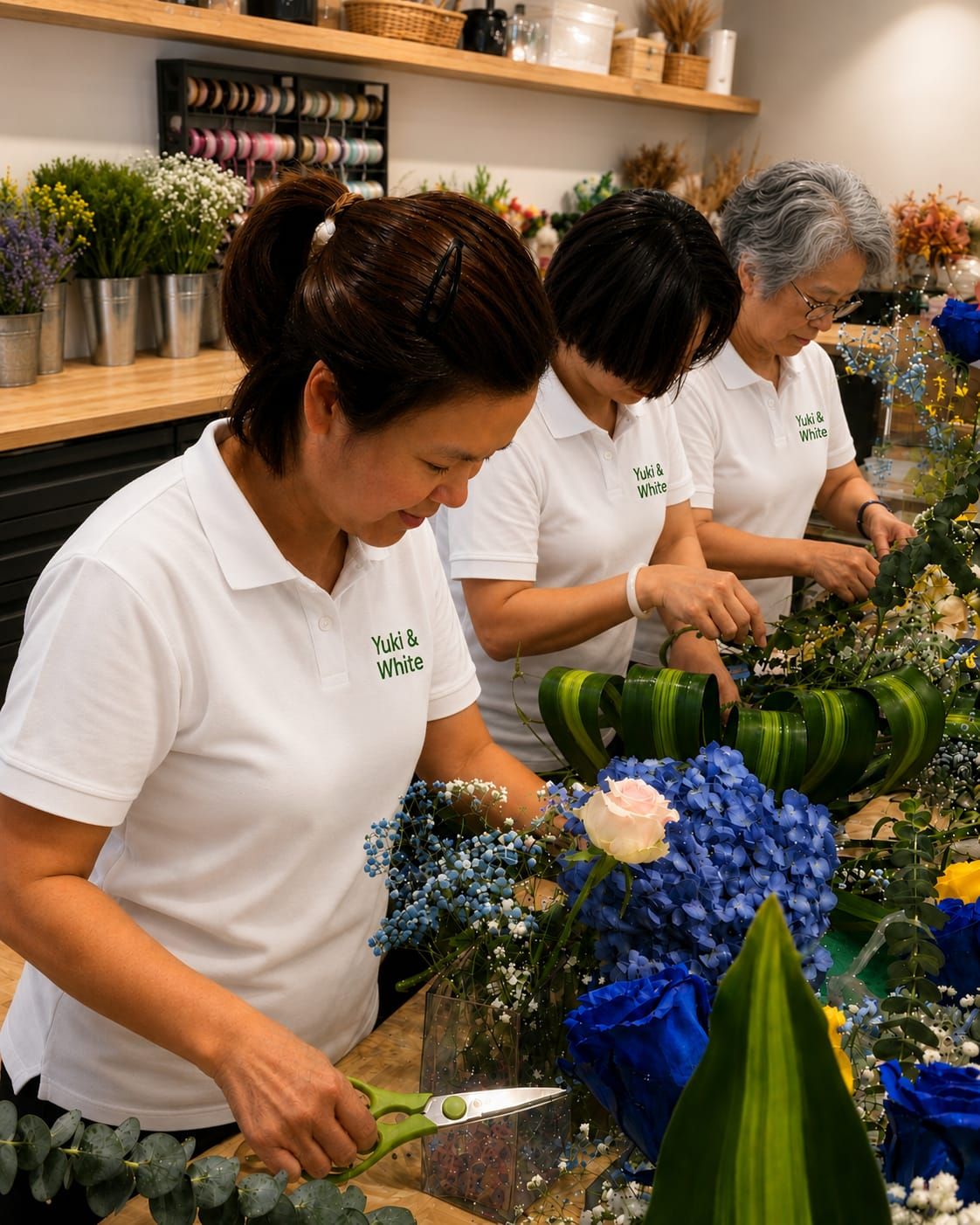 Yuki & White florists building fresh arrangements in the studio