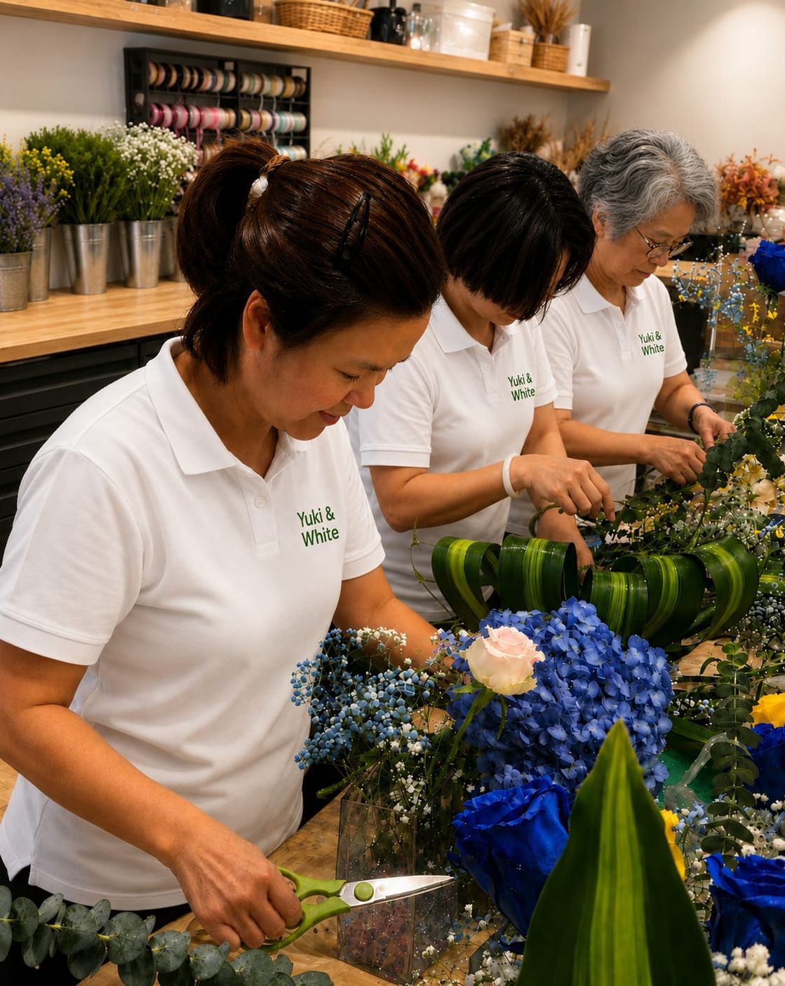Three Yuki & White florists building arrangements in the studio