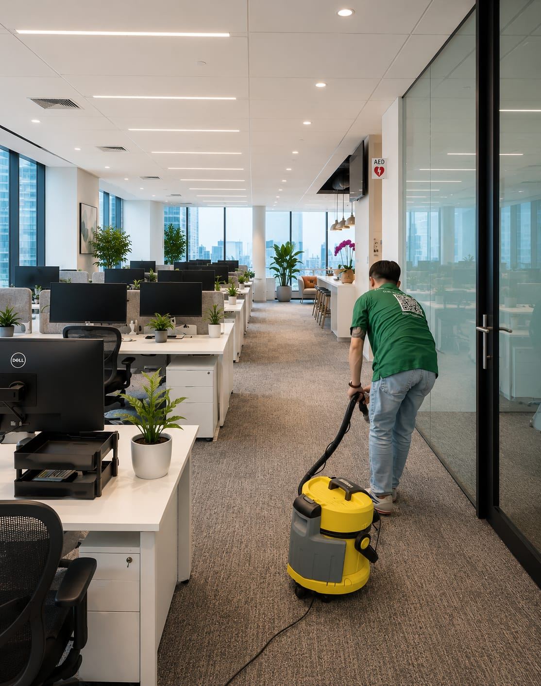 Crew member vacuuming carpet in an open-plan office