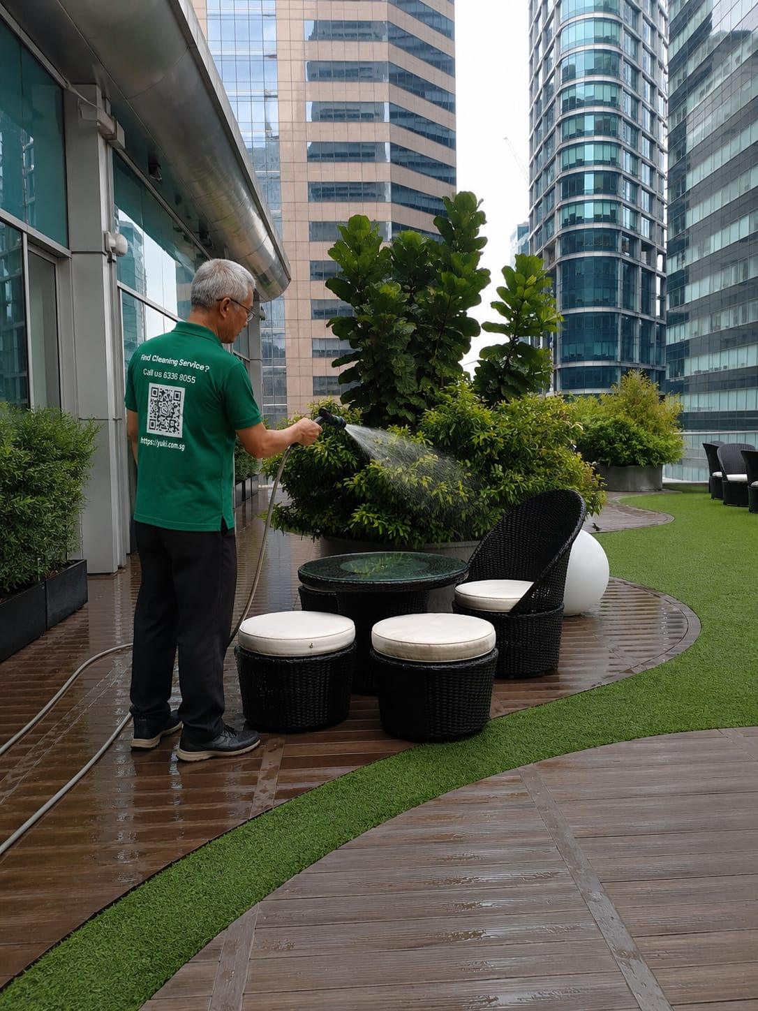 Gardener watering planters on a CBD office roof terrace